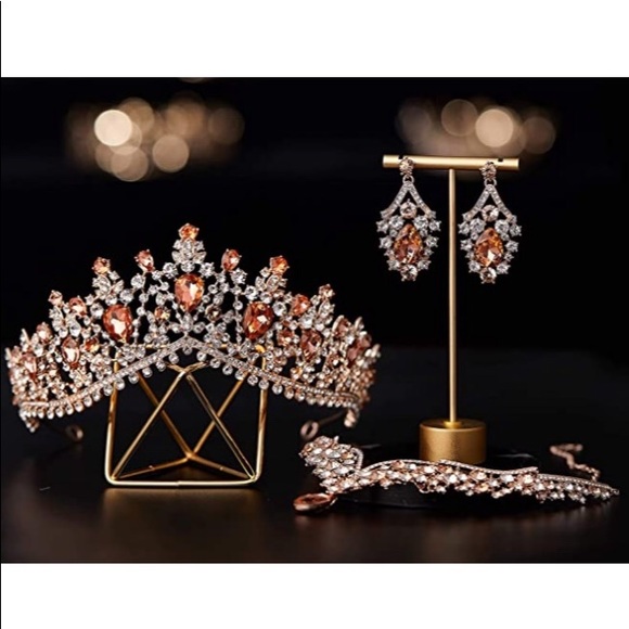 3pc diamond rhinestone rose gold tiara set main image 4